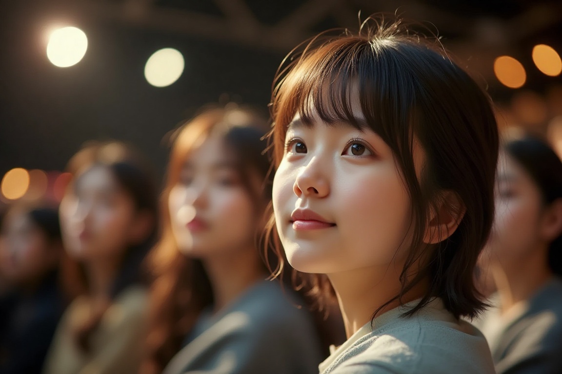 In a grand fashion show setting,  a young Japanese high school girl sits in the audience,  gazing at the runway with wide...