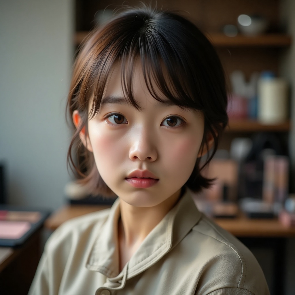 In a professional training room,  a young Japanese high school girl,  with a round face on Tensor.Art