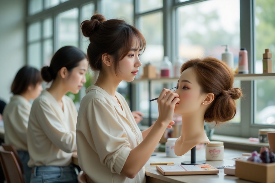 Scene of a person practicing makeup at a beauty school,  (Japanese girl,  youthful appearance on Tensor.Art