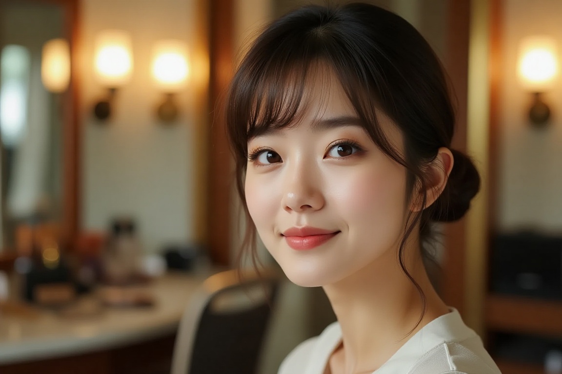 Years later,  in a luxurious makeup room,  a young Japanese woman with a more refined face shape on Tensor.Art