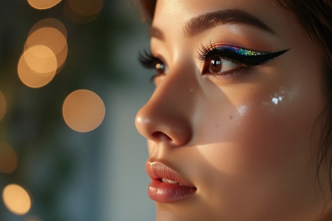 Imagine an up-close moment where a makeup artist meticulously applies a bold cat-eye eyeliner on a fashion model. The eye...