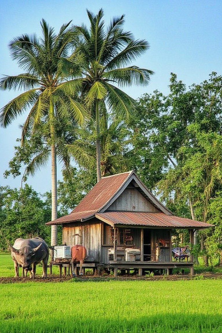 A serene village scene: a traditional house with intricately carved wooden shutters and a curved roofline sits amidst lush...