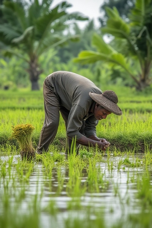 A serene rural scene: a farmer,  Petani,  bends down amidst lush green rice fields on Tensor.Art