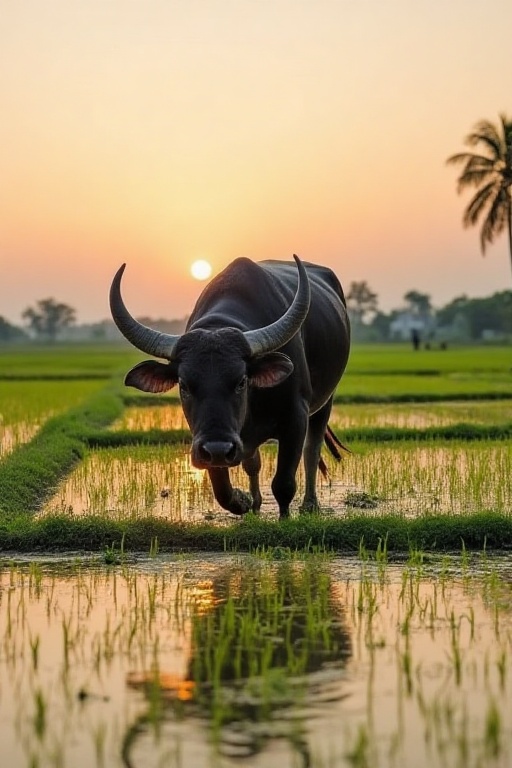 A serene landscape of a paddy field at dawn's golden hour,  with Kerbau,  a majestic water buffalo on Tensor.Art