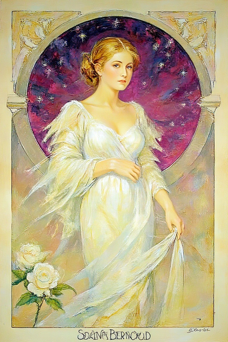 "Art Nouveau poster featuring Sarah Bernhardt in a flowing white gown with intricate folds. The background consists of a s...