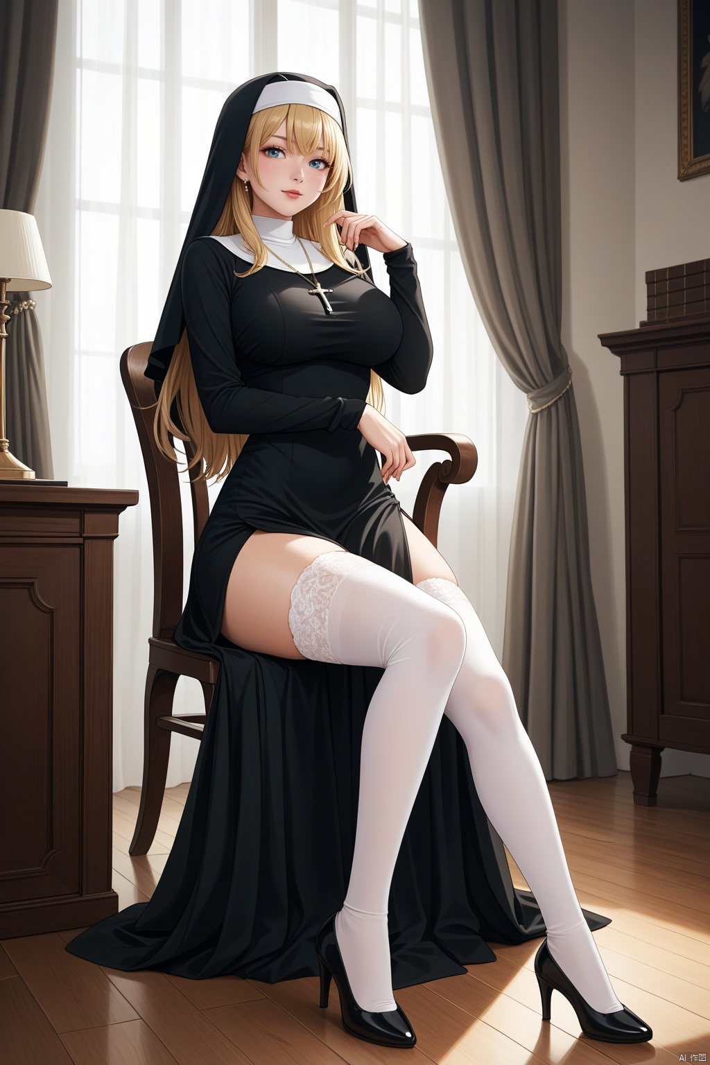 masterpiece, best quality, 1girl, solo, thighhighs, long hair, sitting, white thighhighs, jewelry, necklace, nun, blonde hair, dress, pelvic curtain, black footwear, cross, long sleeves, full body, high heels, cross necklace, breasts, habit, black dress, arm support, holding, curtains, frills, large breasts, thighs, veil, indoors, bangs, facing viewer, hand up, shoes, BREAK, fine fabric emphasis, best quality, amazing quality, very aesthetic, absurdres, best quality, amazing quality, very aesthetic, absurdres, Highly detailed, best quality, masterpiece, Highly detailed,score_9 score_8_up score_7_up