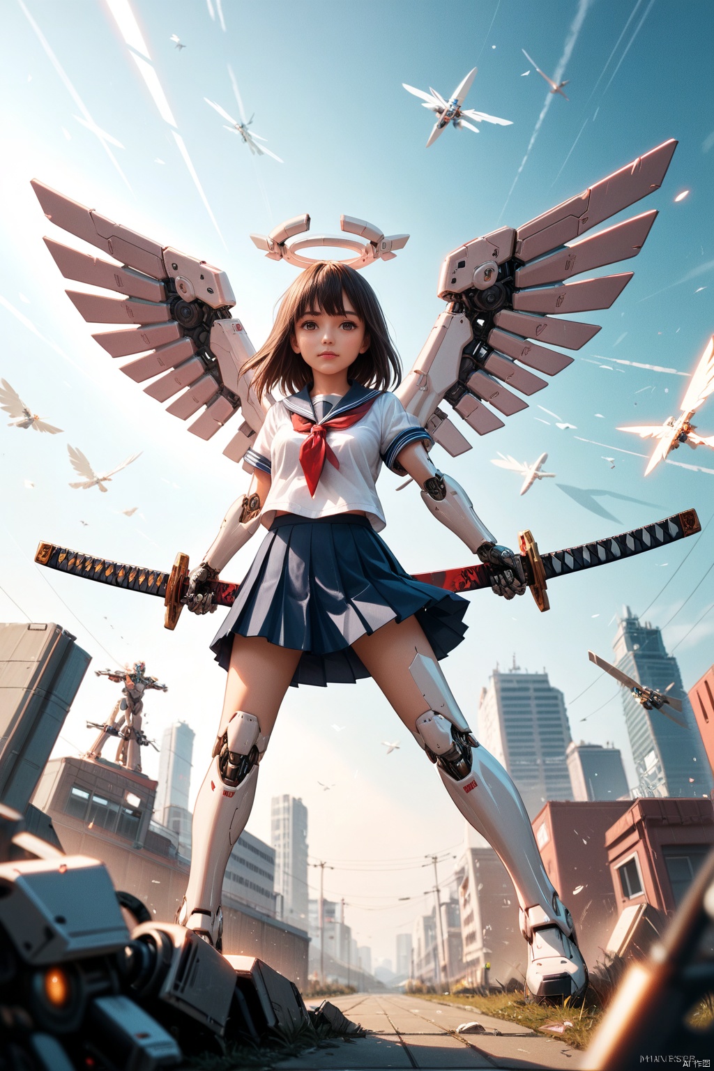  cyborg,mecha,（Best quality,masterpiece.）1girl,movie lighting, wide angle and super details,  1girls,katana,school_uniform,Pleated skirt,mechanical_wings,mechanical_angel,score_9 score_8_up score_7_up,, 35mm film photography,KALEIDOSHATTER