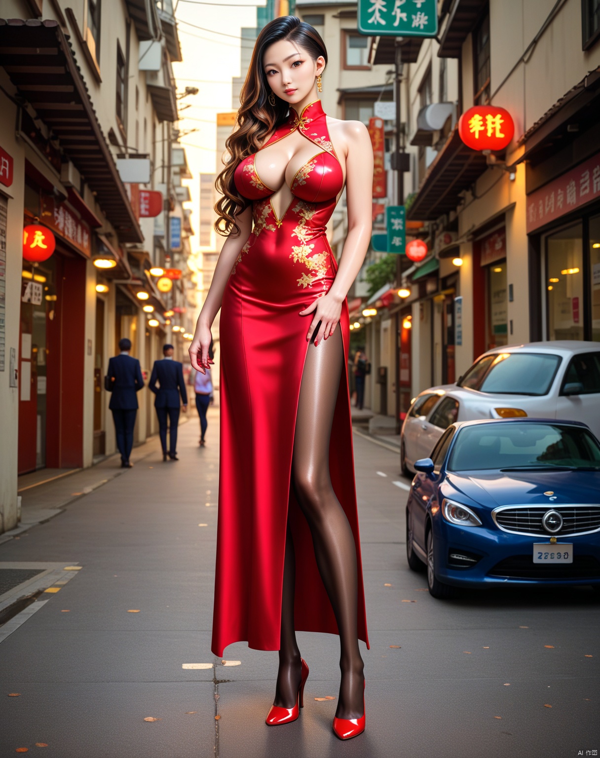 Masterpiece, best quality, stunning details, realistic photos, 1girl, long flowing hair, high details fair skin, big breasts, (high-cut cheongsam), (shiny pantyhose), long legs, high heels, full body, Elegant posture, (Suzhou Gardens),score_9 score_8_up score_7_up,crouch on the street.