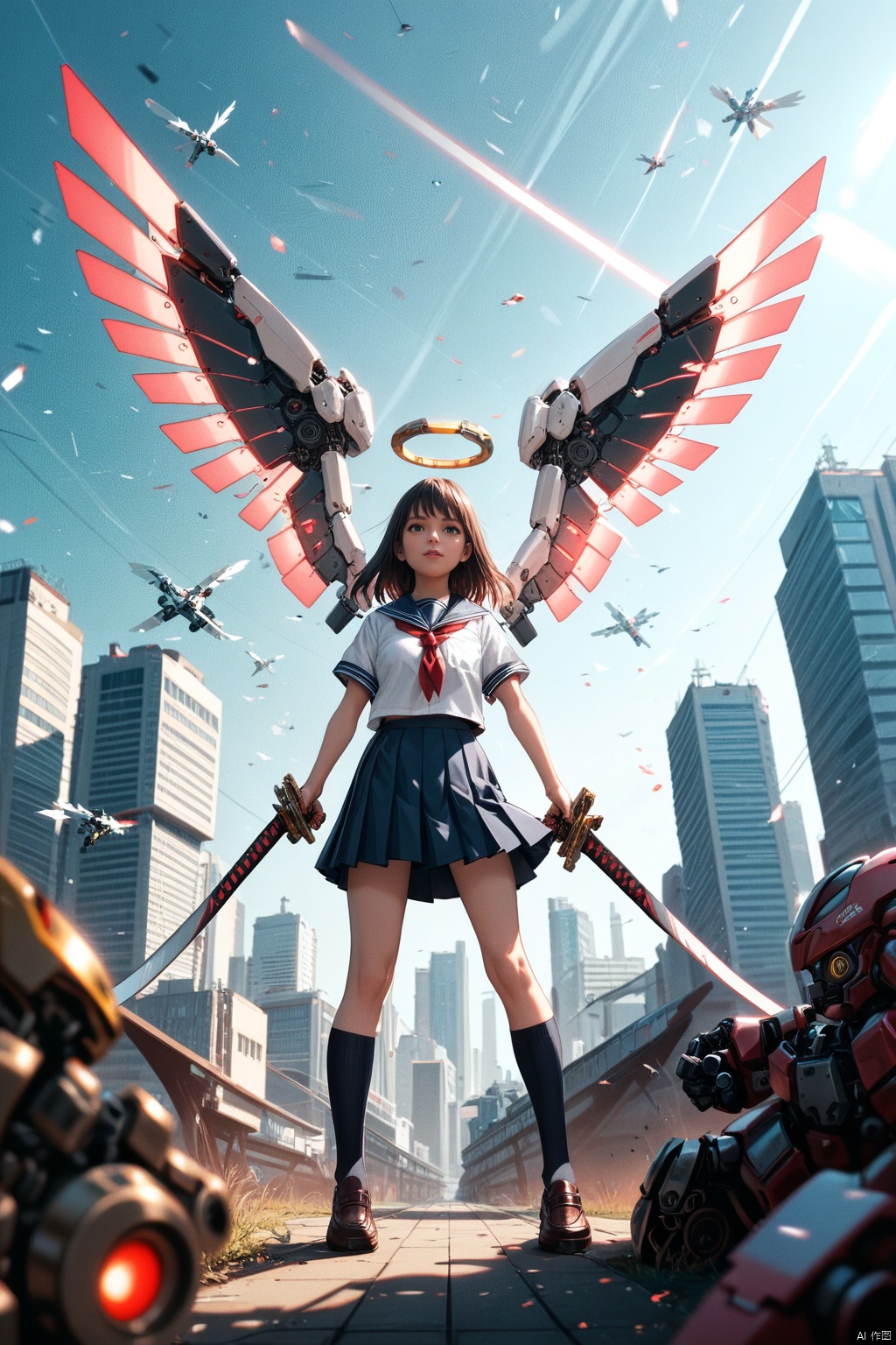  cyborg,mecha,（Best quality,masterpiece.）1girl,movie lighting, wide angle and super details,  1girls,katana,school_uniform,Pleated skirt,mechanical_wings,mechanical_angel,score_9 score_8_up score_7_up,, 35mm film photography,KALEIDOSHATTER
