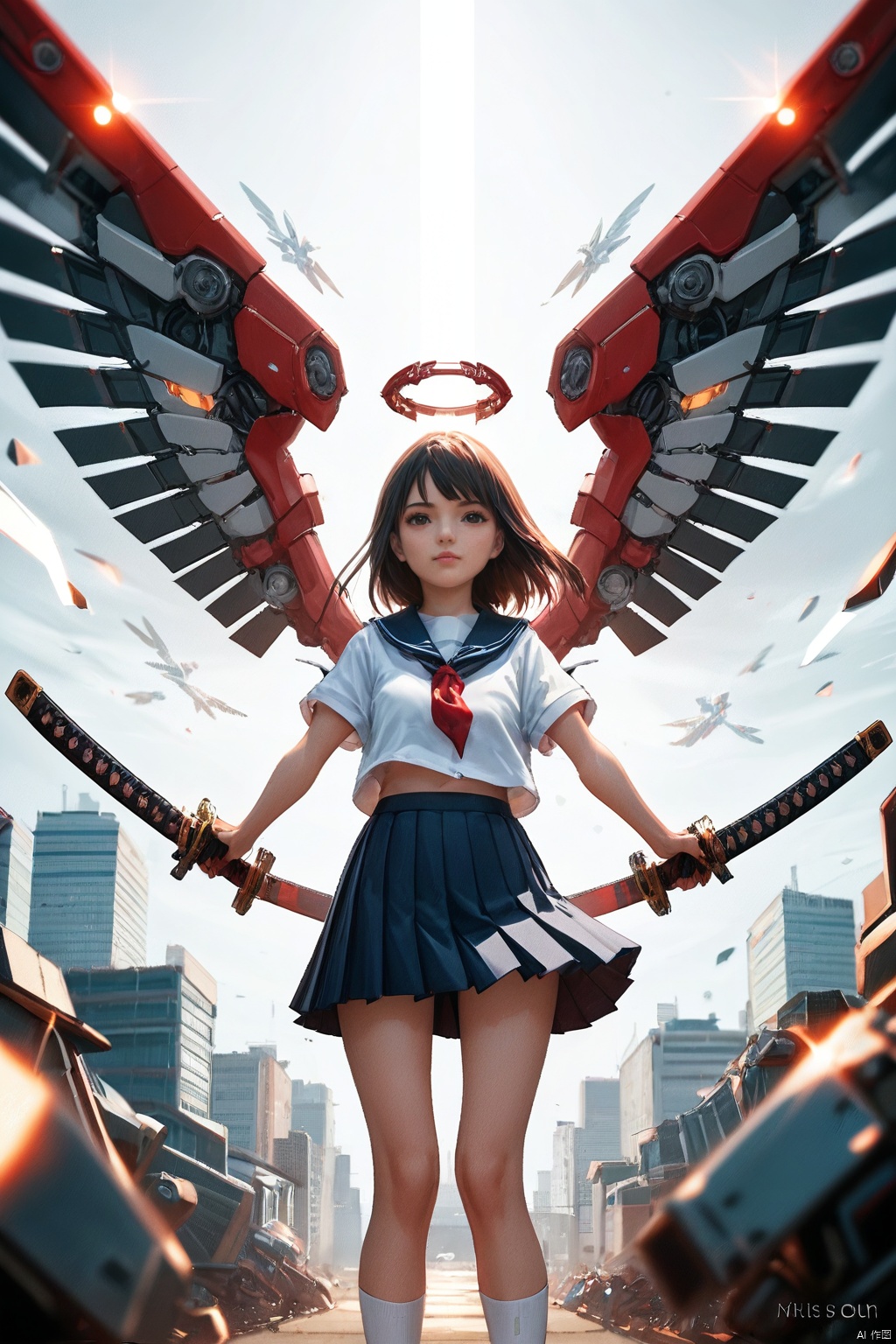  cyborg,mecha,（Best quality,masterpiece.）1girl,movie lighting, wide angle and super details,  1girls,katana,school_uniform,Pleated skirt,mechanical_wings,mechanical_angel,score_9 score_8_up score_7_up,, 35mm film photography,KALEIDOSHATTER