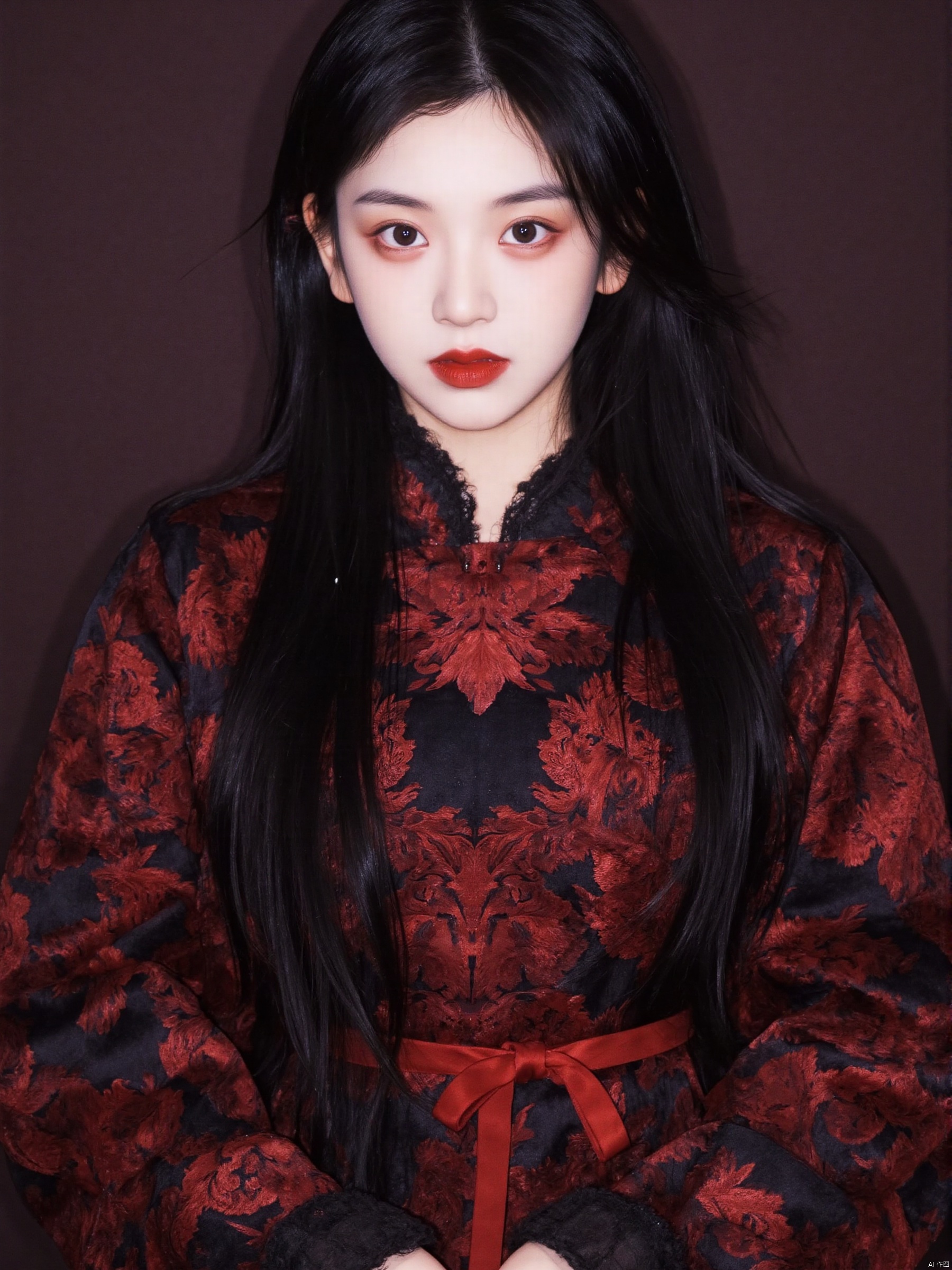 Pale skin: Her skin was as pale as mutton-fat jade, glowing with a cold luster under the moonlight, as if it had never been illuminated by the sun. Blood-red eyes: Those eyes are like burning flames, and the bright red color is like a bottomless pool of blood, revealing a mysterious and charming light. Long black hair: The waterfall-like long black hair hangs freely on her shoulders, soft and smooth, and the tips are slightly curled, as if the shadow of the night is spreading on her body. Gorgeous clothing: She wore a black velvet robe embroidered with exquisite red silk patterns, the collar and cuffs were trimmed with lace, and a red belt was tied around her waist, highlighting her slender waist. The fangs were exposed: She opened her lips slightly, and the two sharp fangs shone coldly in the dark, as if they were ready to pierce the neck of the prey at any time.