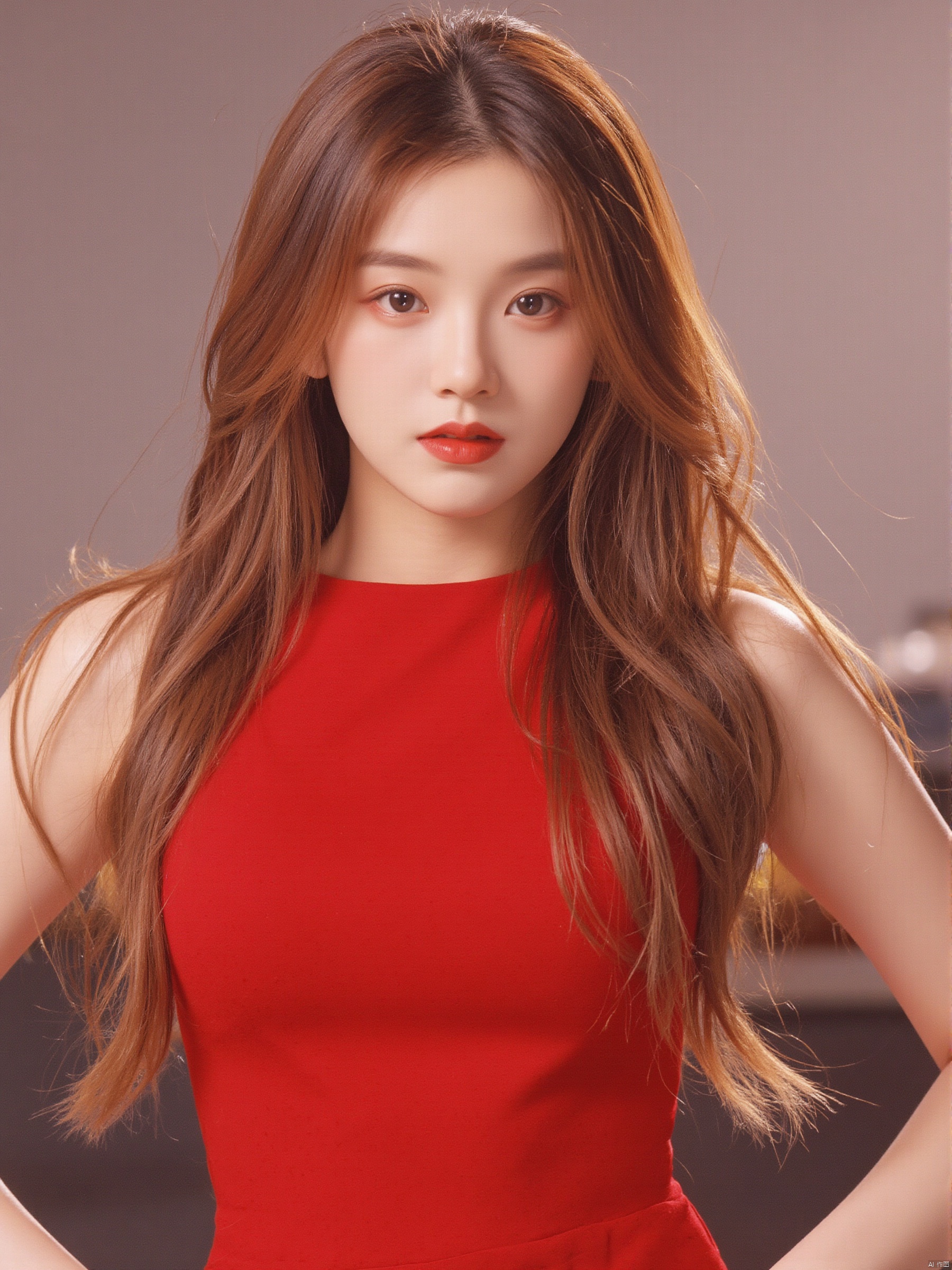 The half-length photo shows a beautiful lady with wavy long hair and exquisite makeup. She is wearing a red tight dress that highlights her perfect body curves. Her eyes are confident and firm.