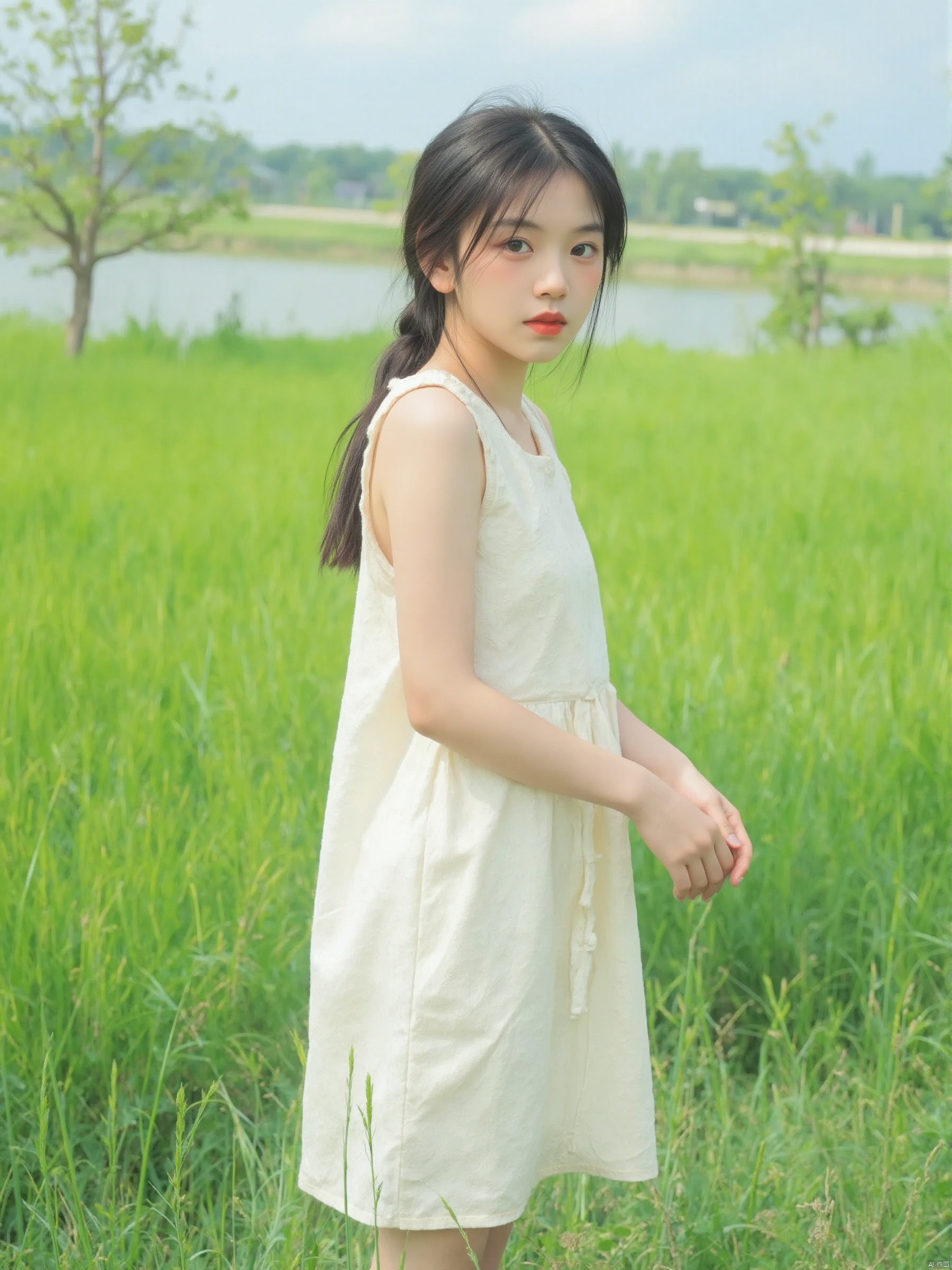 a young Asian girl stands in a field of vibrant green grass. She is dressed in a cream sleeveless dress adorned. Her hair is pulled back in a ponytail, adding a pop of color to her face. The backdrop, a tranquil body of water can be seen, with a few trees and shrubs in the distance. The sky is a light blue, dotted with white clouds.