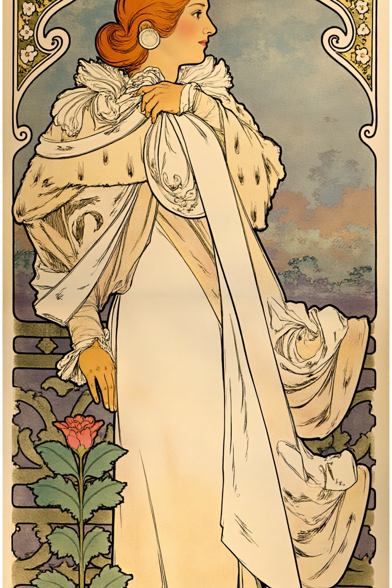 "Art Nouveau painting featuring a tall,  beautiful young woman in a flowing white gown with intricate folds. The overall s...