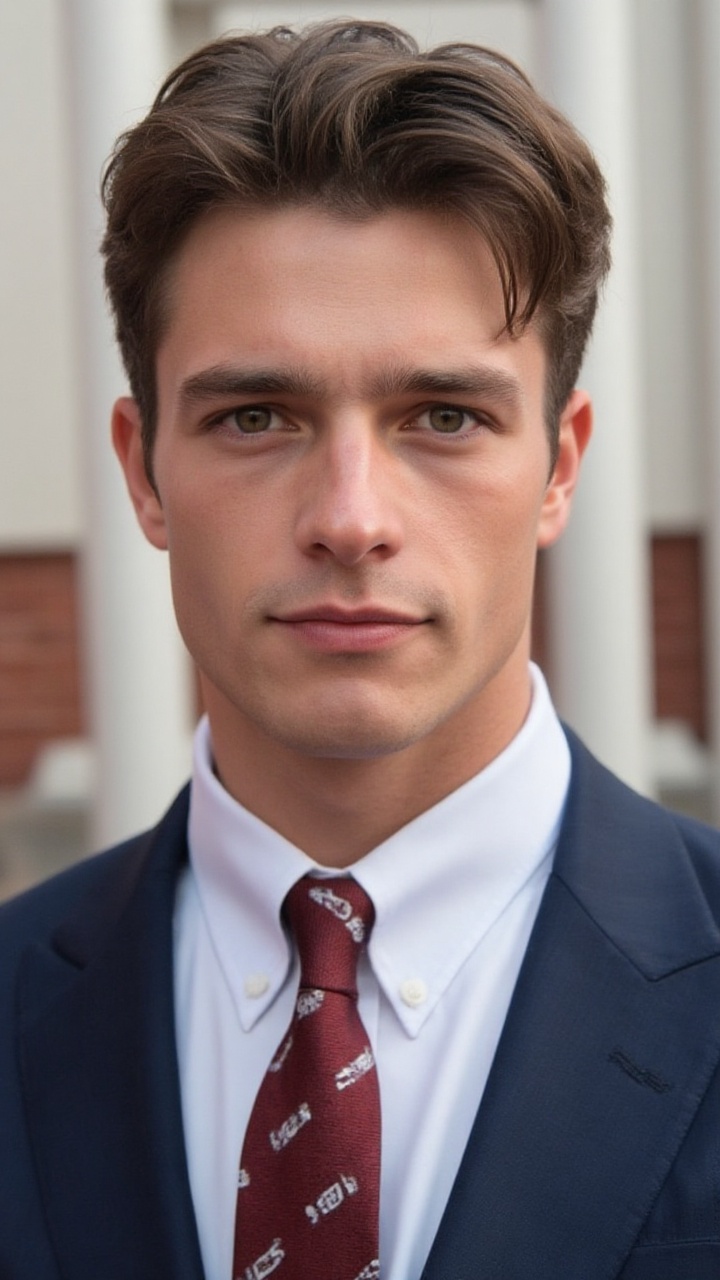 A close-up shot of a man in a dark blue suit,  a white collared button down shirt and a red tie with white stripes on it....
