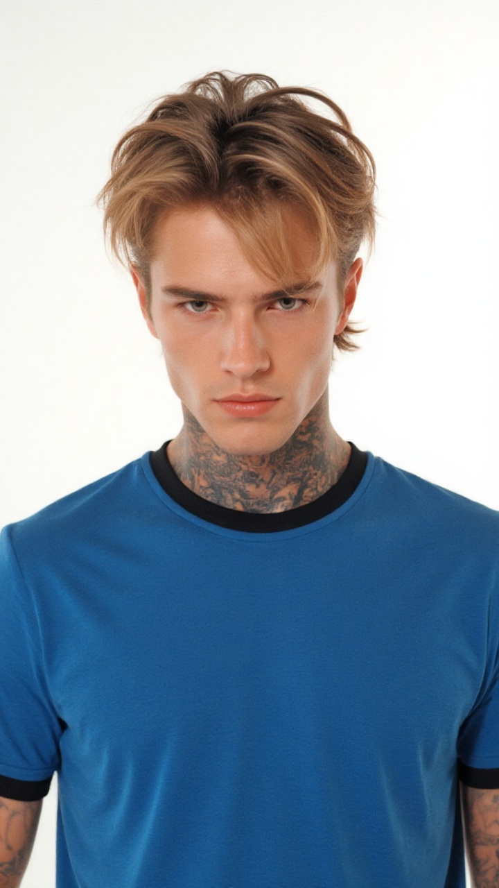 **** rockstar posing confidently on a crisp white background,  exuding youthful energy. Thick eyebrows and tattoos add an...