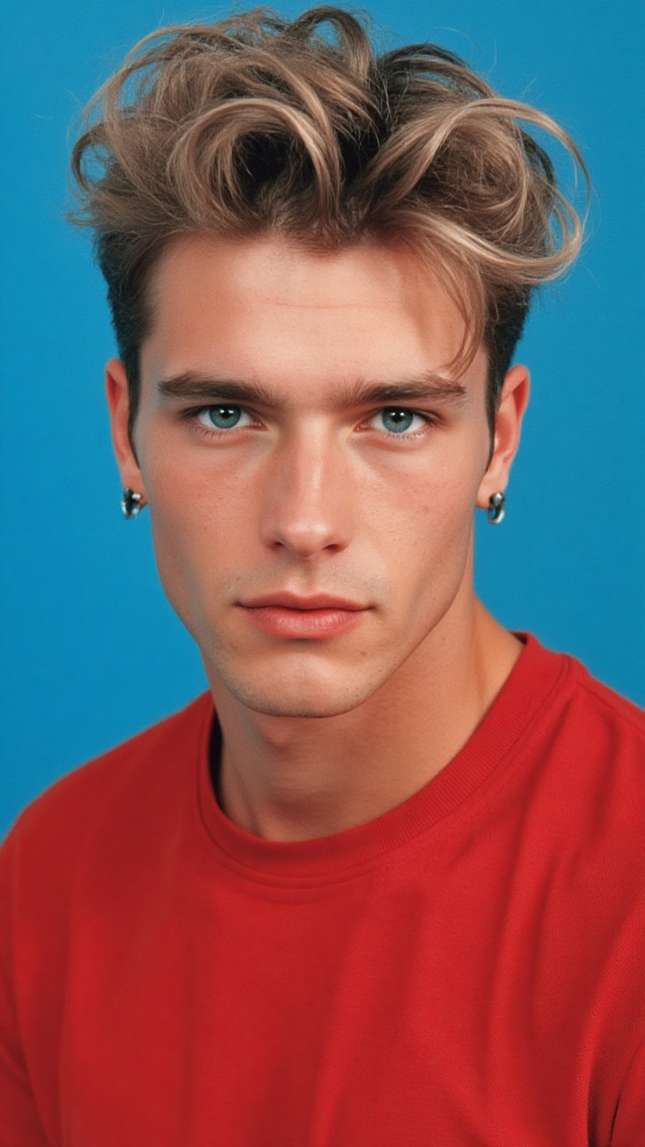 Prompt Senior High School Yearbook Photo: A close-up portrait image of a handsome male model with bleached hair and define...