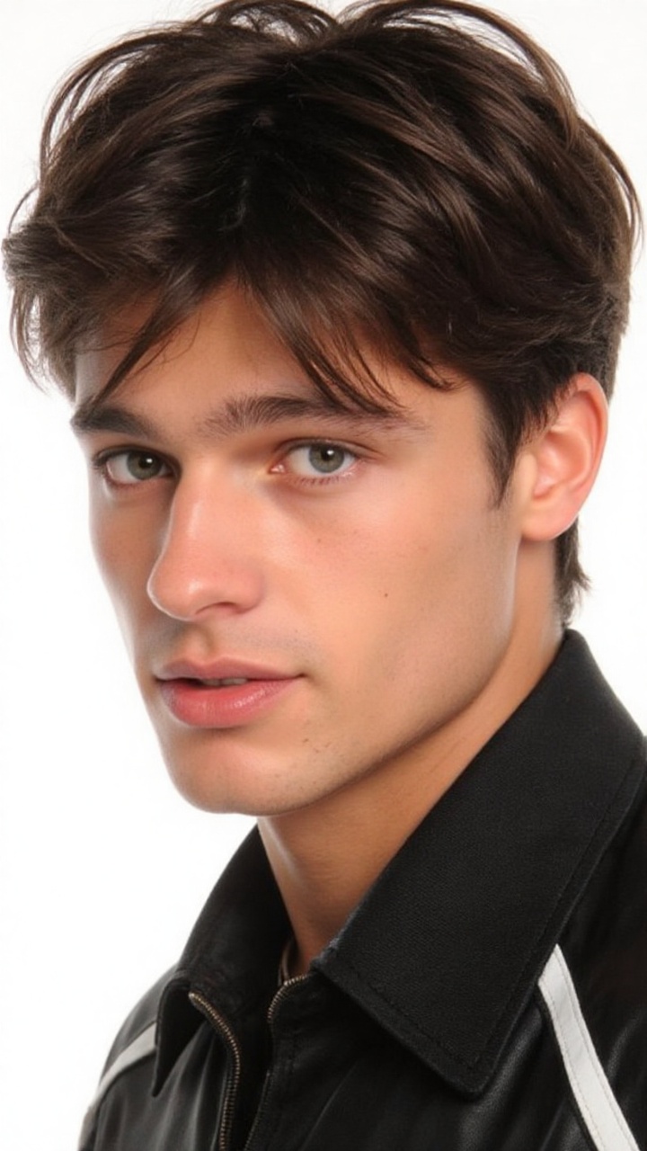 a close-up shot of a young man with dark brown hair and blue eyes. He is wearing a black and white jacket with a black col...