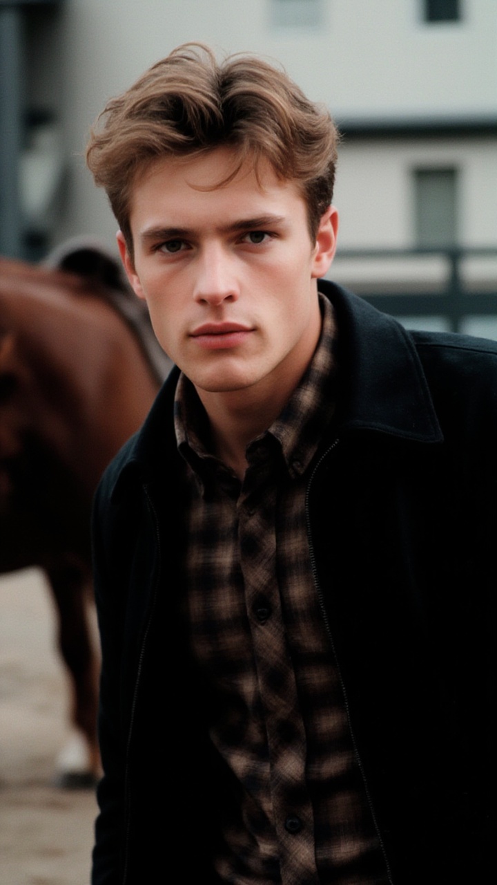 a young man with blonde hair,  wearing a black jacket and a plaid button-down shirt. His left arm is stretched out in fron...