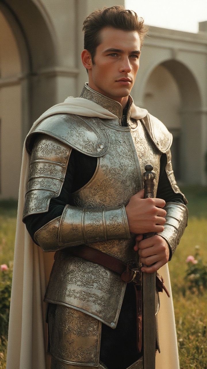 The holy white knight from the medieval era,  clad in intricately crafted High Gothic metal plate armor engraved with intr...