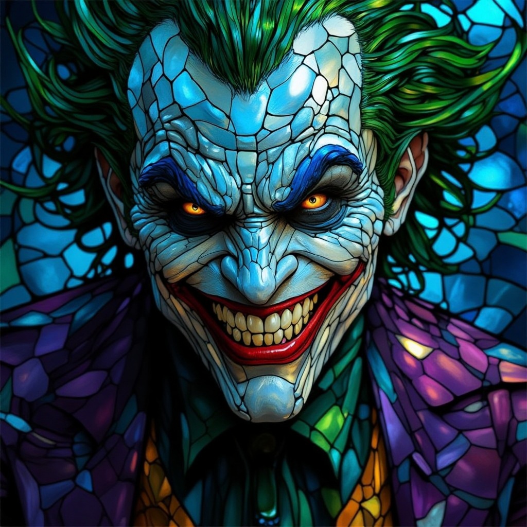 Close-up portrait of the Joker's sinister face,  illuminated by a kaleidoscope of stained glass colors and textures. His m...