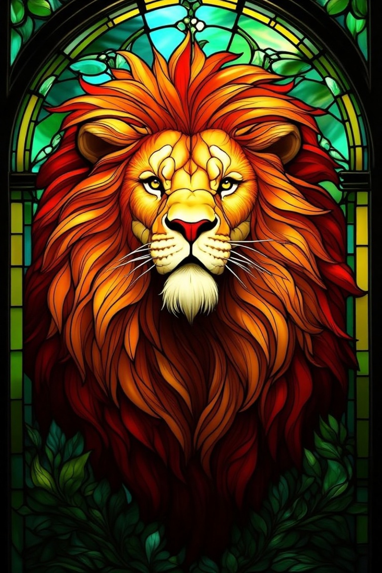 A majestic lion's face is illuminated by vibrant stained glass hues in a beautifully crafted window. The regal predator's...