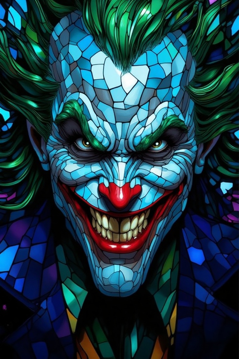 Close-up portrait of the Joker's sinister face,  illuminated by a kaleidoscope of stained glass colors and textures. His m...