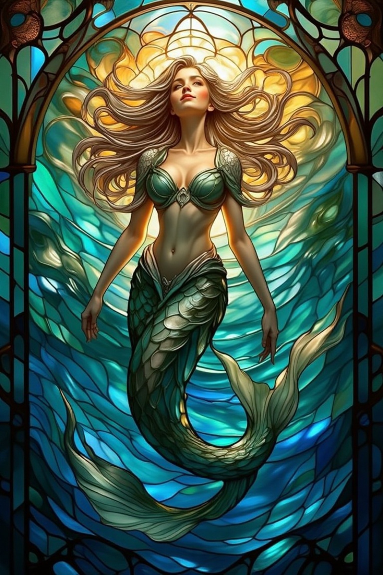 A majestic mermaid emerges from a kaleidoscope of colors in a stunning stained glass depiction. Amidst swirling blues and...