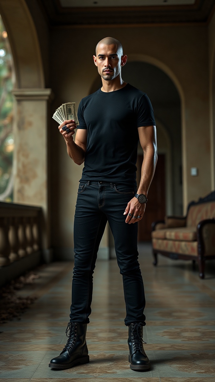 Create a hyper-realistic image of Jaya Aksara,  a 30-year-old male,  standing at 5'10" with a fit build and pale skin on T...