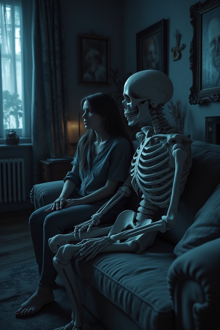 A detailed scene of a skeleton and a woman sitting together on a couch in a dimly lit living hall,  watching TV. The room...