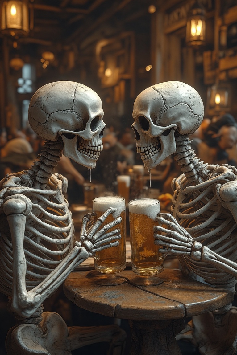 A detailed scene of two skeletons,  one happy and animated,  the other more relaxed on Tensor.Art