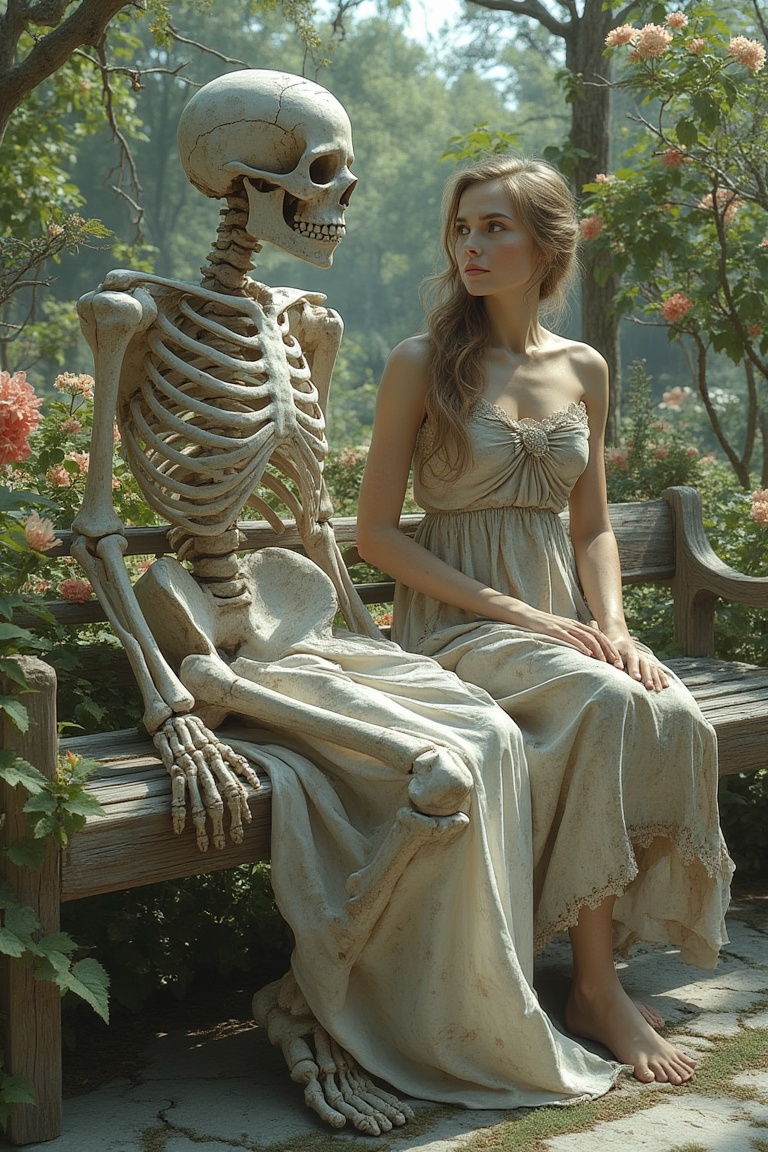 A detailed scene of a skeleton and a woman sitting next to each other on a wooden bench in a serene garden. The garden is...