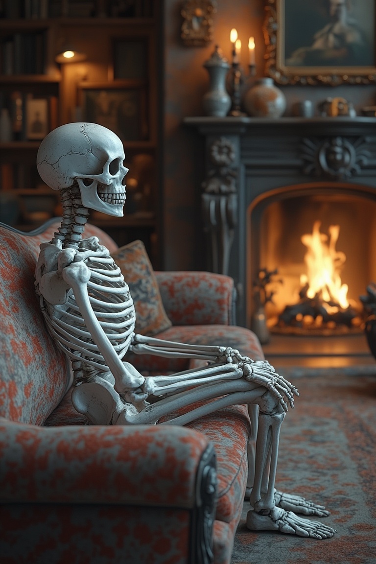 A detailed scene of a skeleton sitting alone on a plush couch in a cozy living hall. The living hall is warmly lit with a...