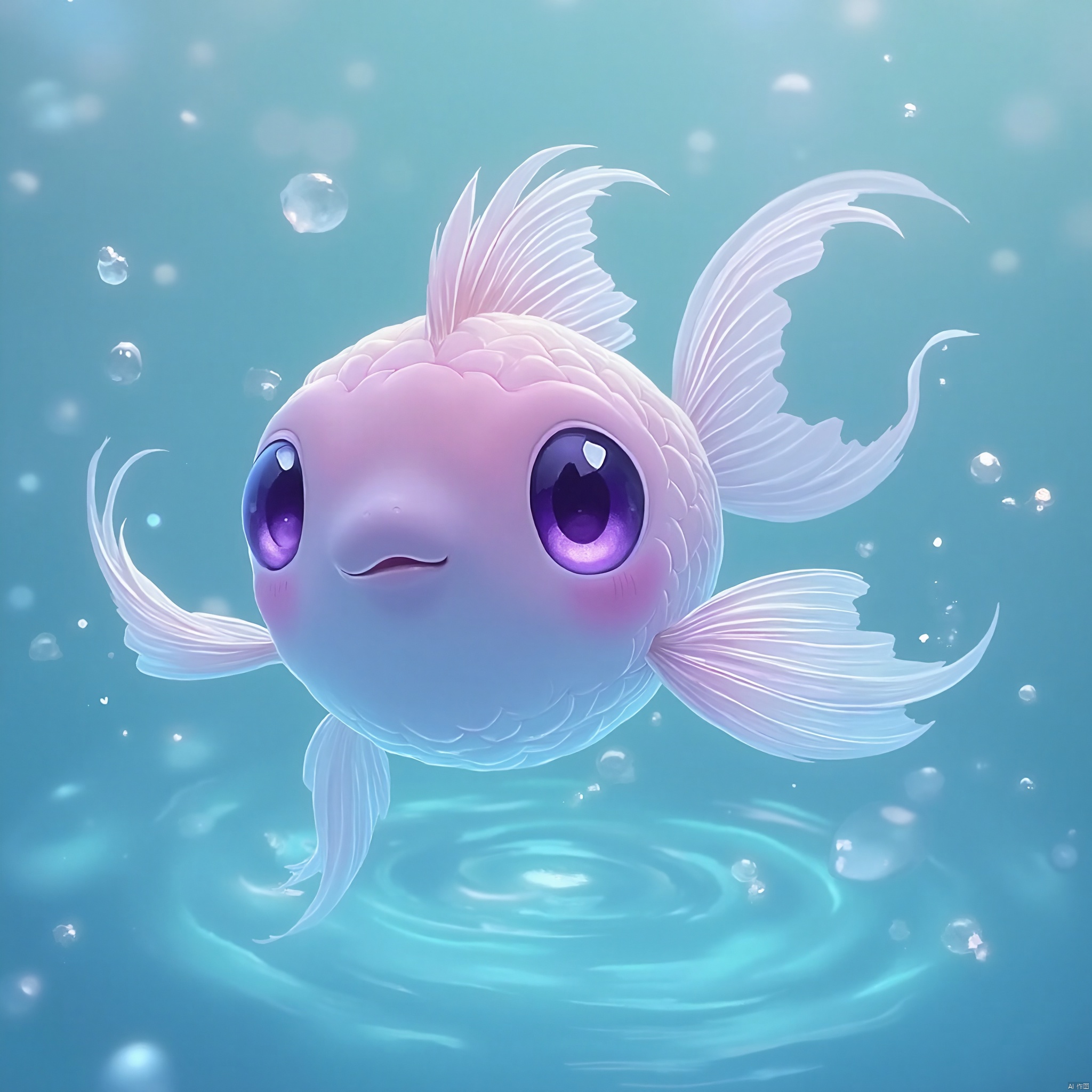 solo, looking at viewer, smile, closed mouth, purple eyes, full body, water, pokemon \(creature\), no humans, fish, bubble, animal focus