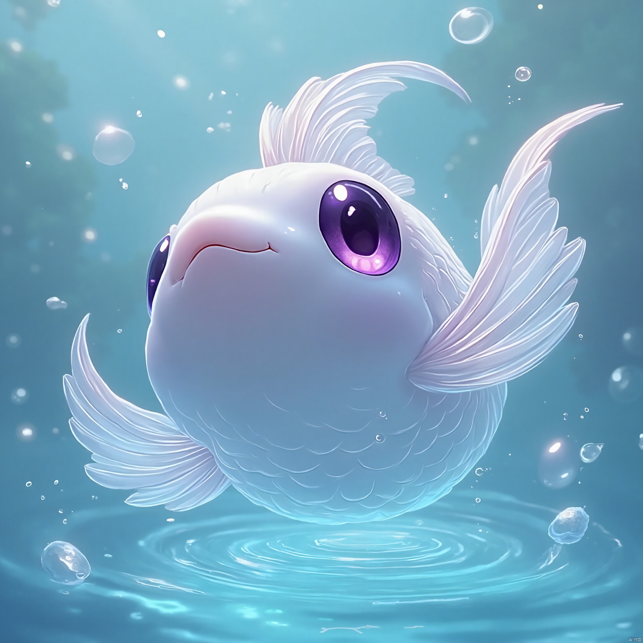 solo, looking at viewer, smile, closed mouth, purple eyes, full body, water, pokemon \(creature\), no humans, fish, bubble, animal focus