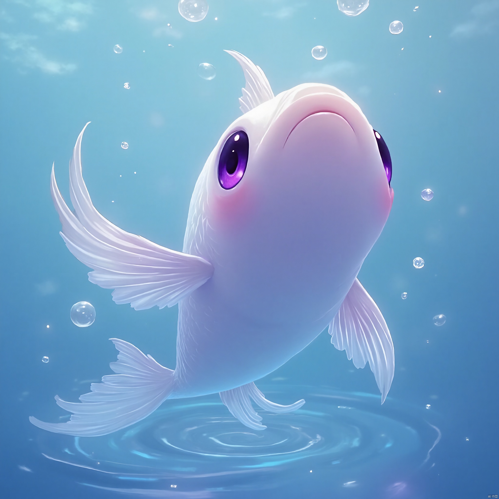 solo, looking at viewer, smile, closed mouth, purple eyes, full body, water, pokemon \(creature\), no humans, fish, bubble, animal focus