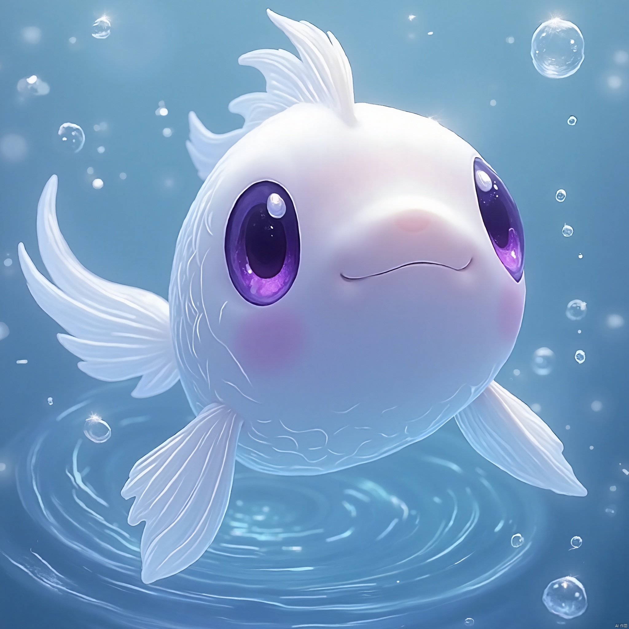 solo, looking at viewer, smile, closed mouth, purple eyes, full body, water, pokemon \(creature\), no humans, fish, bubble, animal focus