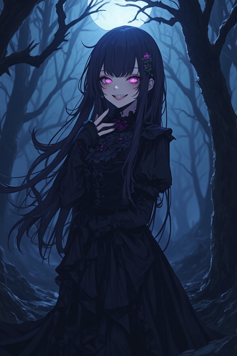 A vibrant Nightcore anime scene with a dark,  gothic twist. The girl has long,  flowing hair and is dressed in a dark on T...