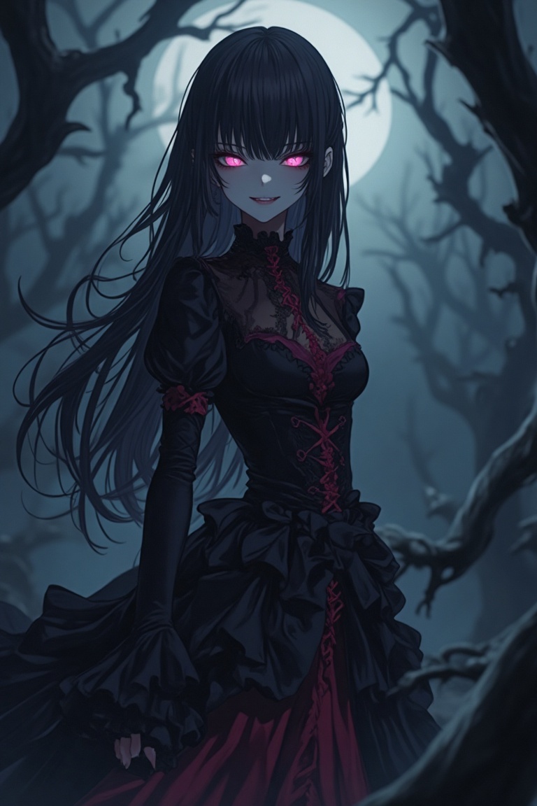 A dark,  gothic anime scene with a Nightcore aesthetic. The girl has long,  flowing hair and is dressed in a dark on Tenso...