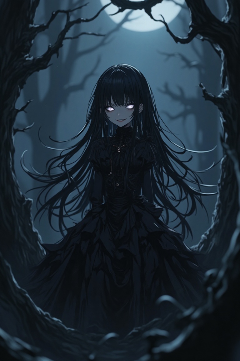 A dark,  gothic anime scene with a Nightcore aesthetic. The girl has long,  flowing hair and is dressed in a dark on Tenso...