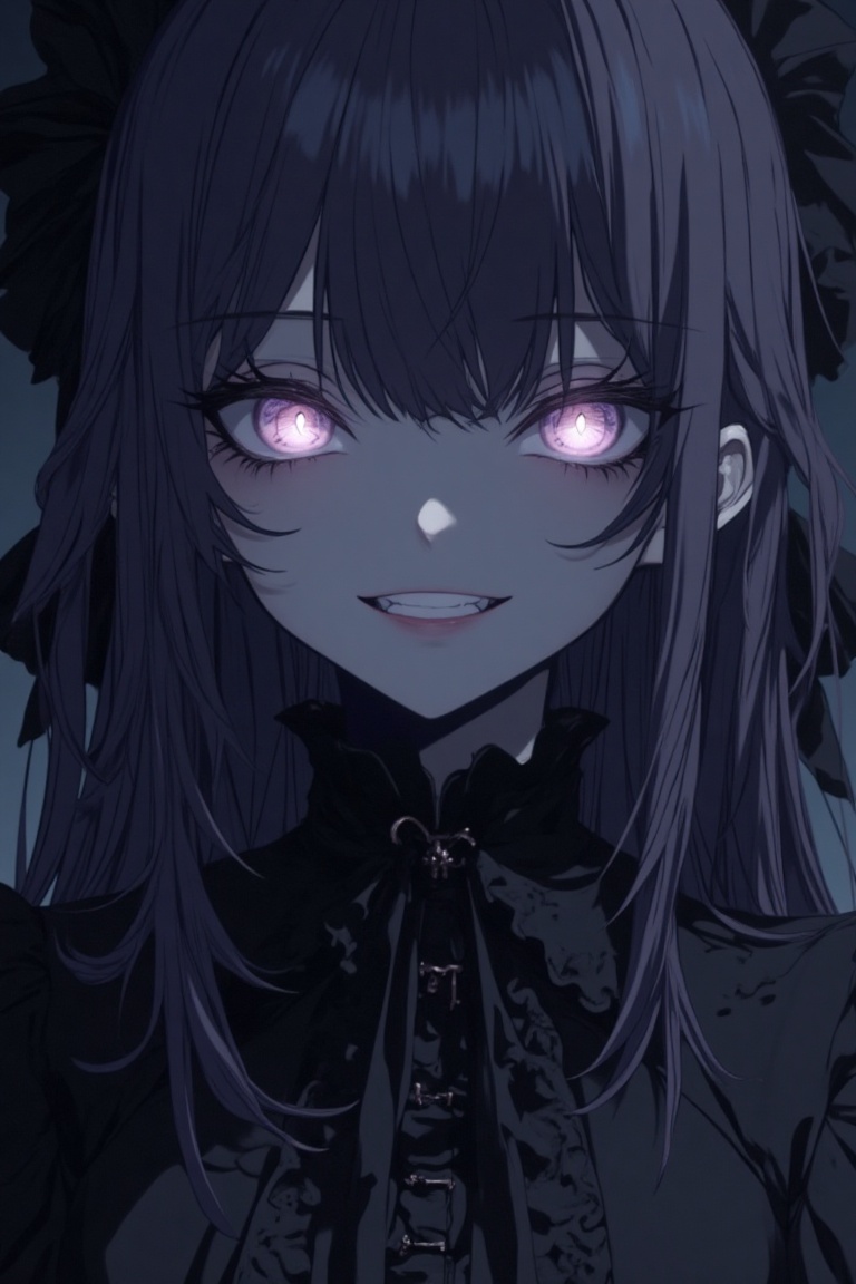 A close-up shot of a girl's face in a Nightcore anime style with a dark,  gothic twist. Her long,  flowing hair frames her...