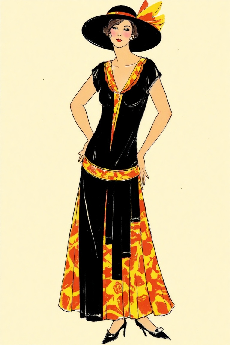 "Art Deco fashion illustration of a stylish woman from the 1920s wearing a long,  flowing black dress with vibrant orange...