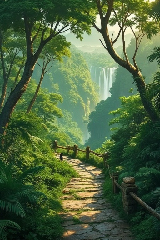 A winding path meanders through the dense jungle foliage, vines and creepers snaking across the stone walkway as the lush green canopy overhead filters the warm sunlight. The air is thick with mist and the sounds of exotic birds fill the atmosphere.,Idyllic