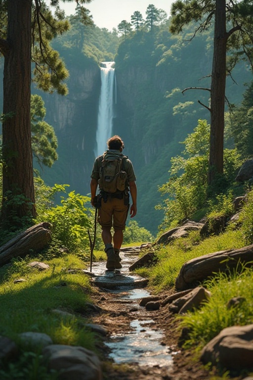 A rugged outdoorsman treks through a dense forest, his sturdy boots sinking into the damp earth as he navigates the winding trail. The sun casts dappled shadows across his weathered face and worn clothing, while a distant waterfall creates a soothing melody in the background.,Idyllic