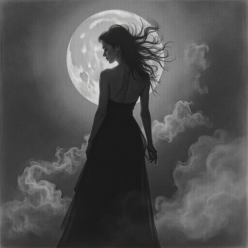 Charcoal drawings of a cinematic film still gothic art,  graceful form of feminine silhouette,  creature of smoke and ash...