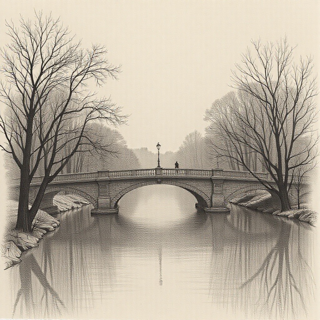Charcoal drawing,  graphite drawing,  toned paper. Charcoal drawings of a beautiful bridge on Tensor.Art