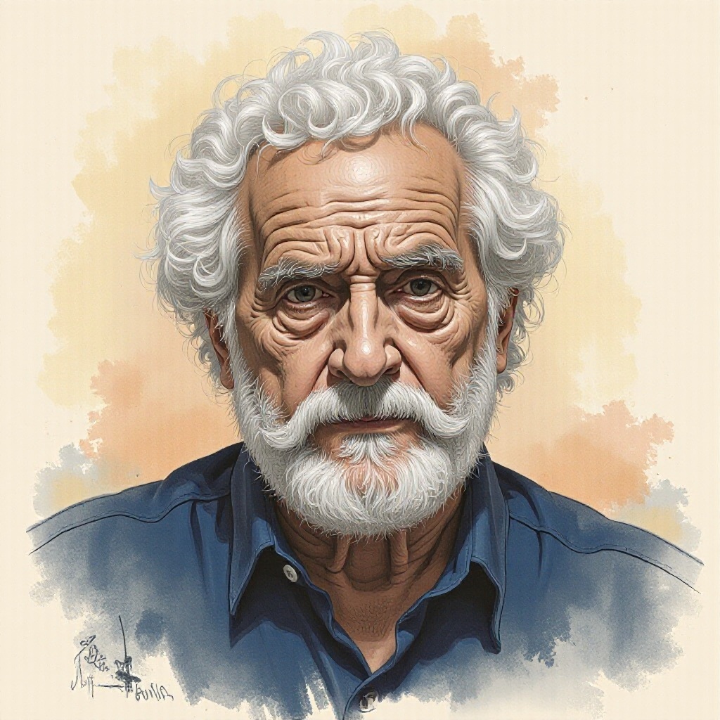 Charcoal and chalk drawings of a portrait of an elderly man with a white beard and mustache. He has a serious expression o...