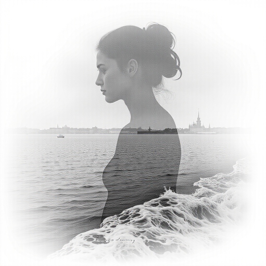 Charcoal drawings of the perfect sea siren. Double exposure,  the fabulous city of St. Petersburg against the backdrop of...