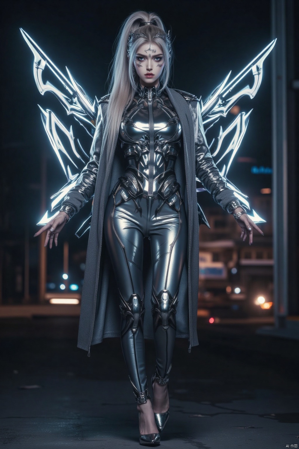 A futuristic girl stands confidently, her expression stern and powerful. Her eye makeup is a striking silver and white combination, complemented by metallic silver or white lips. Thick, straight eyeliner and prominent brows add a technological edge. She wears a tight-fitting silver or black jumpsuit with metallic accents on the coat and pants, paired with high heels in matching colors. Her hair is styled in a high ponytail adorned with metallic accessories. A pair of LED wing-like structures protrude from her back, illuminating as she soars through a futuristic cityscape.