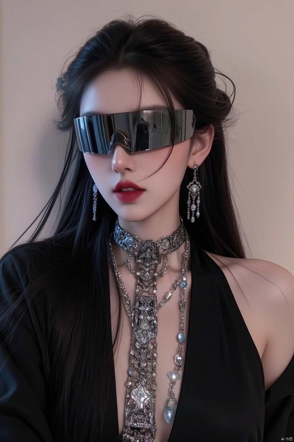 A young woman with long, raven-black hair cascading down her back, adorned with a statement necklace and delicate necklace. She sports a stylish necktie and matching earrings, her luscious lips painted a bold shade of red. Framed by a pair of sleek, dark-tinted sunglasses perched on the bridge of her nose, she exudes confidence and poise, set against a neutral background that lets her striking features take center stage.